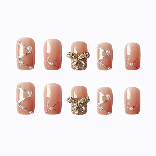 Secret Lives® acrylic press on nails artifical extension nude color with white pearls & silver glitter with 3d bow fake nails design 24 pieces set with kit