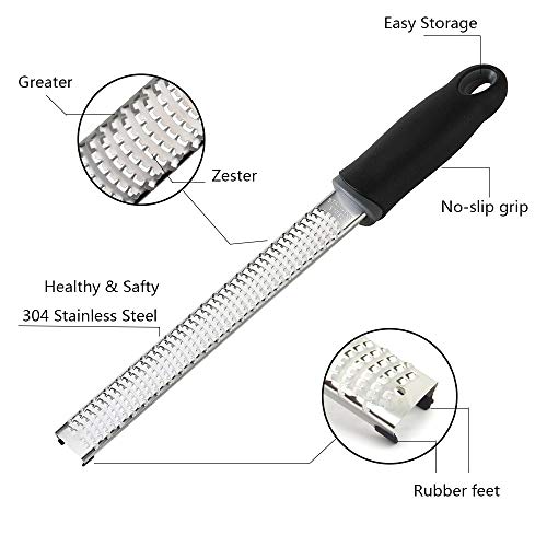 Spatlus Lemon Zester & Cheese Grater Parmesan Cheese, Lemon, Ginger, Garlic, Nutmeg, Vegetables, Fruits - Razor-Sharp Stainless Steel Blade Protective Cover, Dishwasher Safe Long (Black)