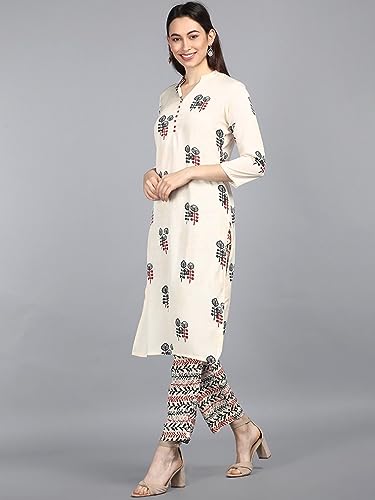 Vaamsi Women's Poly Crepe Ethnic Motifs Printed Straight Kurta Pant Set (PKSET1008_Off White_S)