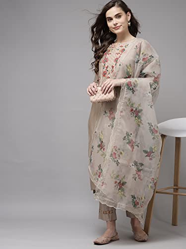 INDO ERA Women's Viscose Rayon Embroidered Straight Kurta Trouser With Dupatta Set (Brown_RRRRR8070_Medium)