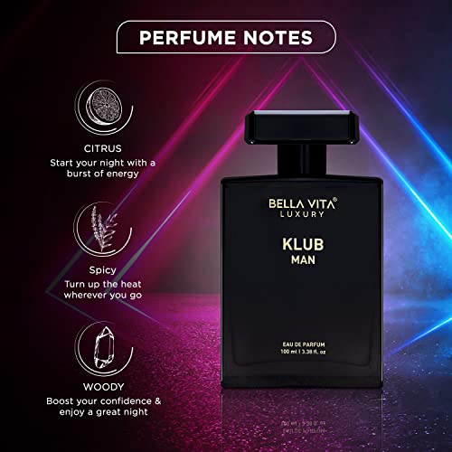 Bella Vita Luxury KLUB Man Eau De Parfum Perfume for Men with Lemon, Rose and Vanilla|Musky and Spicy Long Lasting Premium EDP Fragrance Scent, 100Ml