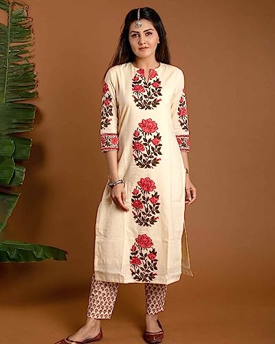 GoSriKi Women's Rayon Blend Straight Printed Kurta with Pant & Dupatta (Actual-Cream-GS_L_Cream_Large)