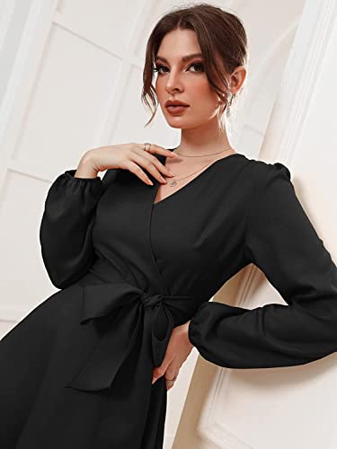 Istyle Can Dress for Women Solid Belted Wrap Dress with Bishop Sleeves Surplice Neck High Waist & Flared Hem Midi Dress for Women | Dresses for Women Long Dresses for Women (Large, Black)