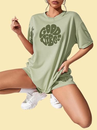 KSHS Women's Pista Green Cotton Printed Night Suit Set of Top & Shorts
