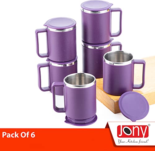 Jony Coffee Mug, Tea Cup, Stainless Steel Mug, Steel Cup with Lid (Purple, 200 ml)