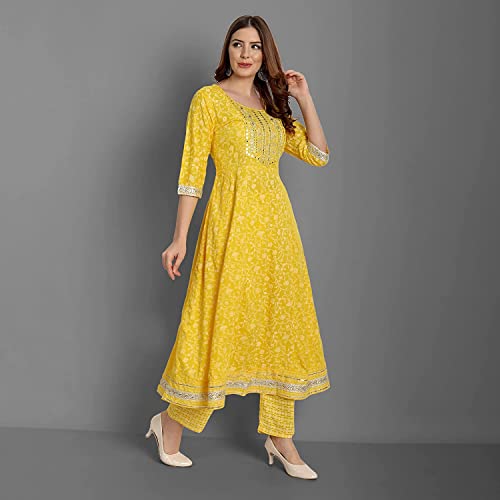 Rangnavi Women Rayon Anarkali Embroidered Printed Kurta Pant and Dupatta Set Yellow