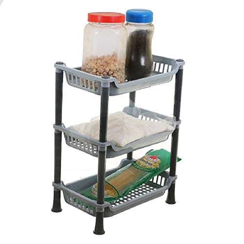 Kuber industries Plastic 3 Layer Multi-Purpose Kitchen Storage Basket Rack|Vegetable Basket For Kitchen (Grey, Tiered Shelf)