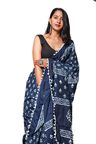 Shivanya Handicrafts Women's Plain Weave Cotton Saree with Blouse Piece (AS061_Multicolour) (Indigo Booti)