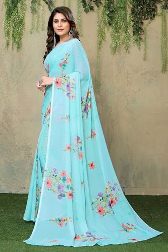 Yashika Women's Trendy Printed Georgette Color Saree with Blouse Material(Vinita Sky Blue) (Barsha-P Blue19)