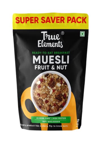 True Elements Muesli Fruit and Nuts 1.2kg - With Real Fruits & Almonds | 100% Wholegrain | Cereal for Breakfast | Protein Muesli | No Added Sugar | Super Value Pack