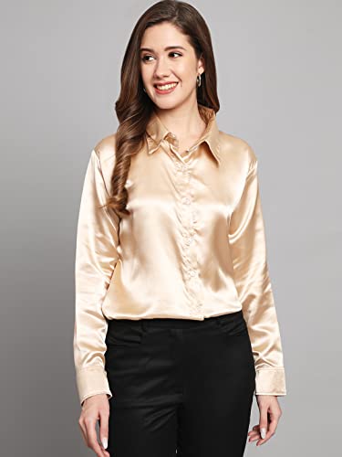 FUNDAY FASHION Women Solid Formal Satin Shirt (Large, Golden)