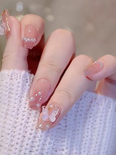 Secret Lives® acrylic translucent press on nails artifical designer 3D white bow & pearl with pink glitter color nails extension 24 pieces combo set with kit beautiful fake false nails