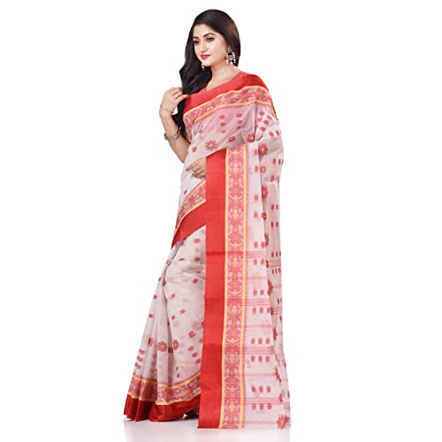 Db Desh Bidesh Women's Tant Cotton Saree Without Blouse Piece (Dbphulkoli060822_White Red)