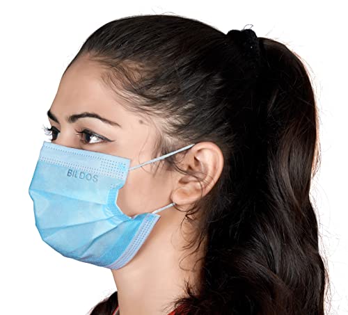 Bildos 3Ply Non-Woven Fabric Disposable Surgical Dust Mask With Nose Clip (Blue, Without Valve, Pack of 100) for Unisex