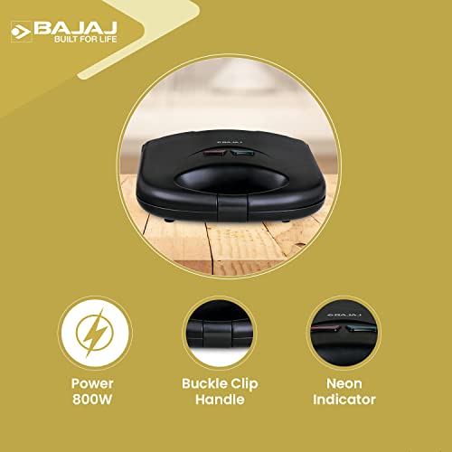 Bajaj SWX 4 Deluxe 800-Watt 2-Slice Grill Sandwich Maker | Non-Stick Coated Plates for Easy-to-Clean | Upright Compact Storage | Buckle Clips Lock | 2-Yr Warranty by Bajaj | Black Sandwich Toaster