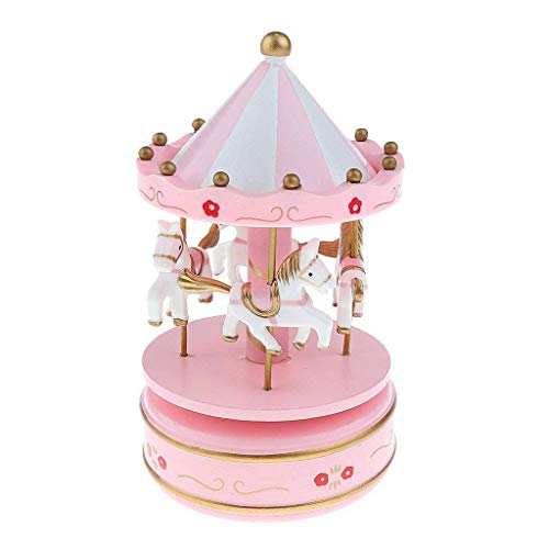 OM KRAFT Plastic and Metal Merry-Go-Round Rotating Small Carousel Wind Up Music Box with Flying Horse Fairground for Kids (Pink) - Musical Toy