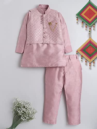 AHHAAAA Kids Ethnic Cotton Silk Blend Nehru Modi Jacket Kurta & Pyjama Set for Boys (Pink, 6-7 Yrs) 8104