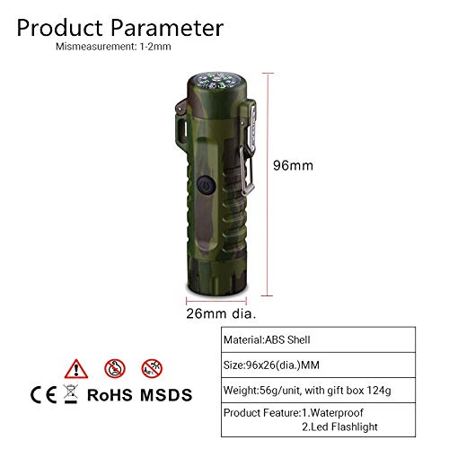 EzLife 3 in 1 Waterproof Rechargeable Electric Lighter with Flashlight & Compass, Dual Arc Plasma Beam Lighter-USB Rechargeable-Windproof-No Butane-Indoor & Outdoor Activities (Camouflage)