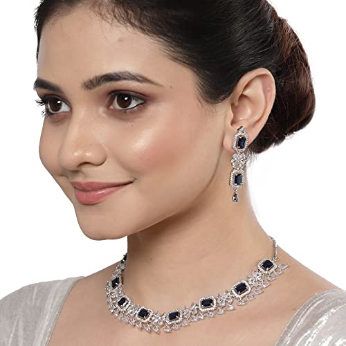 ZENEME Rhodium-Plated with Silver-Toned Blue and White American Diamond Studded Necklace and Earrings Jewellery Set (Blue) For Women