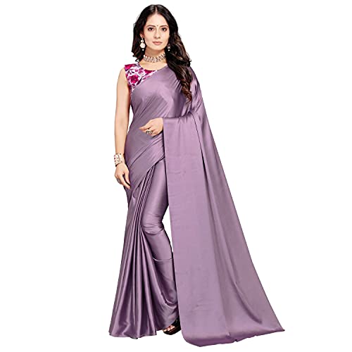 ANANT DESIGNER STUDIO Women's Woven Soft Satin Silk Plain Saree With Designer Blouse Art Silk Digital Printed Unstitched 0.90 Meter (Light Purple)