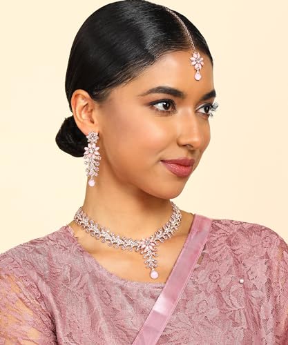 Atasi International Rose Gold Plated Mint Pink Diamond Necklace/Jewellery Set for Women with Earrings and Maang Tikka (RGP1965)