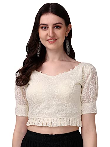 Pujia Mills Women's Georgett Lucknowi Embroidery Puff Sleeve Tie UP Blouse (Lucknowi Tie Off White 38)