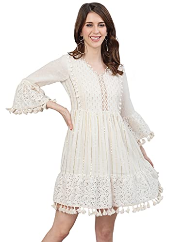 ishin Women's Cotton Above Knee Length A-Line Indo Western Dress Topknm-11017_M_Off White