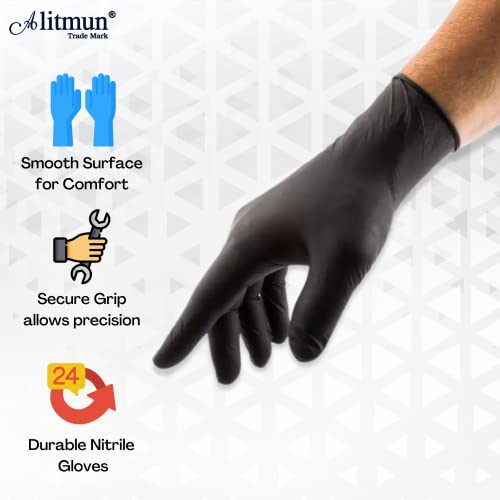 ALITMUN Black Nitrile Gloves, Disposable Powder Free Examination Hand gloves, Multi Purpose with Superior Durability, Surgical & General Gloves (Medium, Pack of 100 (Black))