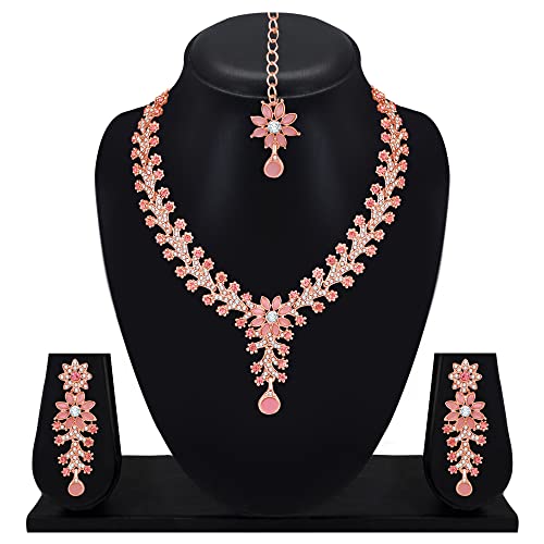 Atasi International Rose Gold Plated Mint Pink Diamond Necklace/Jewellery Set for Women with Earrings and Maang Tikka (RGP1965)