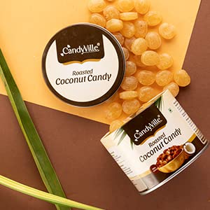 CandyVille Roasted Coconut Candy Tin (340g) | Crunchy Coconut Toffees in Tin | Mildly Roasted with Sugar | No Added Colours or Preservatives | Traditional Indian Sweets