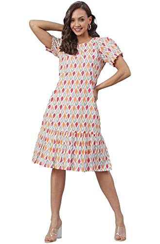 Janasya Women's Off White Cotton Printed A-line Western Dress(JNE3905-DR-XL)