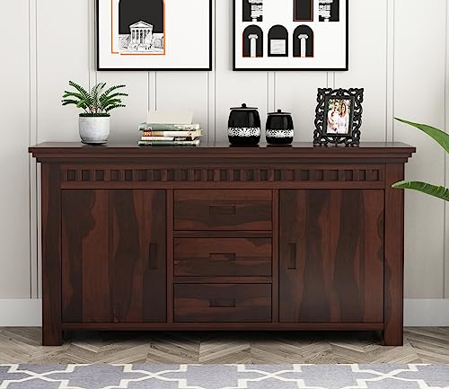 Indoplaza Sheesham Wood Sideboard Storage Cabinet with 3 Drawers and 2 Door for Living Room Hall | Wooden Furniture Storage Cabinet for Kitchen & Dining Room Side Board (Walnut Finish)