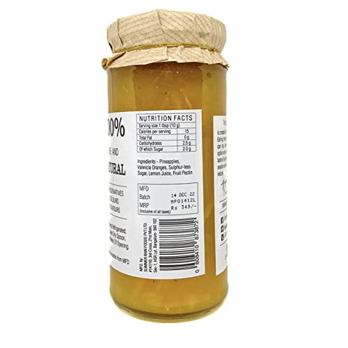 Orchard Lane 80% Fruit- Pineapple Orange Marmalade- Low Sugar, No Preservatives- 280 gm