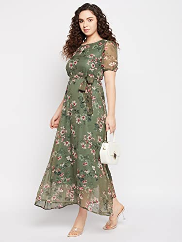 Serein Women's Maxi Dress (Green Floral Printed Chiffon Dress with Short Puff Sleeve) (Medium, Green) (SER-DRESS-CI-1-M)