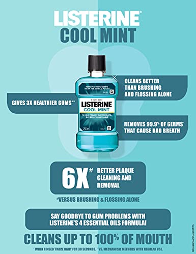 Listerine Cool Mint Mouthwash Liquid, Removes 99.9% Germs, 250ml Combo Pack of 3 (Buy 2 Get 1 Free)