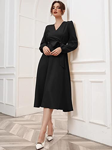 Istyle Can Dress for Women Solid Belted Wrap Dress with Bishop Sleeves Surplice Neck High Waist & Flared Hem Midi Dress for Women | Dresses for Women Long Dresses for Women (Large, Black)