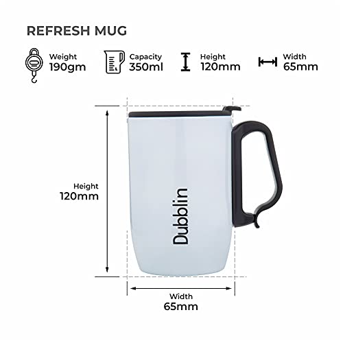 DUBBLIN Refresh Stainless Steel Unbreakable Tea Coffee Mug Double Wall Insulated with Handle and Lid, Wide Mouth Mug Keeps Beverages Hot & Cold 350 ML Silver