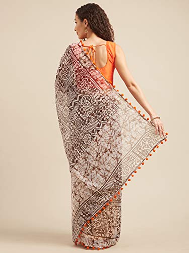 Womanista Women's Batik Print Georgette Saree with Pom (TI1425_Off White & Brown)