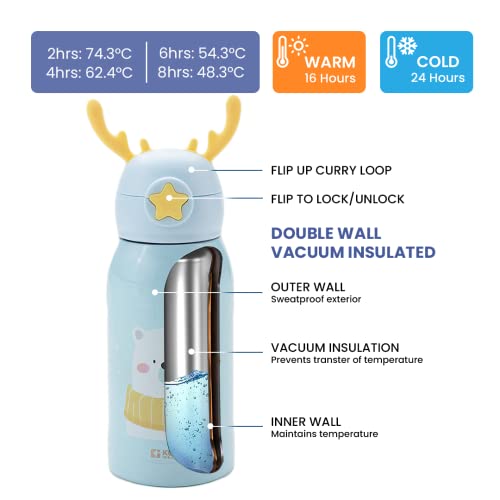 Kuber Industries Sipper Water Bottle for Kids, Vacuum Insulated Stainless Steel Flask with Straw, Cup & Holder Bag, Double Walled Flask, Leak Proof, BPA Free, Unicorn Design, 500 ml (Pack of 1)