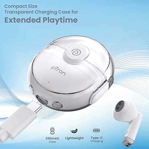 pTron Bassbuds Fute 5.1 Bluetooth Truly Wireless Featherlite TWS in Ear Earbuds with Mic, 25Hrs Playtime, 13mm Driver, Immersive Audio Headphones, Touch Control, Voice Assist & Fast Charging (White)