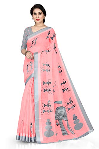 SOURBH Women's Plain Weave Cotton Blend Tribal Art Warli Printed Saree with Blouse Piece (12255-Peach)