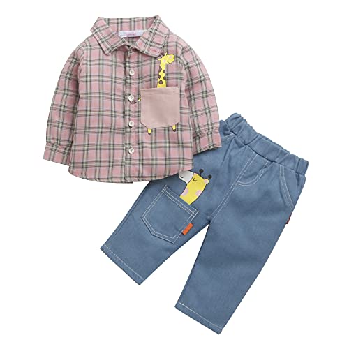 Hopscotch Baby Boys Polycotton Checks Print Shirt And Jeans Set In Pink Color For Ages 9-12 Months (BP4-3358460)