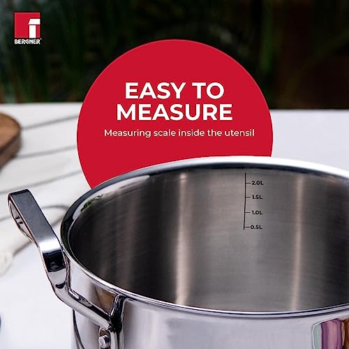 Bergner Tripro Triply 20 cm Casserole, 2.4 L Capacity, Stainless Steel Lid, For Biryani/Pulao/Halwa/Curries, Wide Handles, Induction & Gas Ready, Laser-Etched Scale, Multi-Layered & Polished, 5-Year Warranty