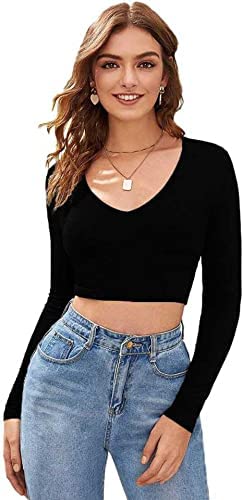 Dream Beauty Fashion Women's V-Neck Full Sleeve Crop Top (T/-Baati Black-M)