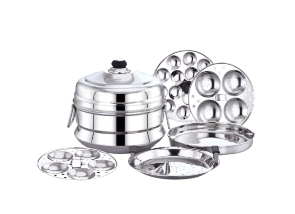 DIAMOND Stainless Steel Multi Steamer Induction Base Idly Pannai with 2 Idli Plates | 1 Mini Idli Plate | 1 Dhokla Plate (9 Idlies)