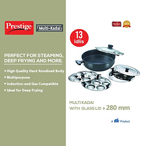 Prestige Hard Anodised Multi Kadhai | 4.5 L | Black | Induction Base | Multi-Purpose Accesories - Idli Stand, Dhokla Stand and Steamer | Round Bottom | Durable Handles