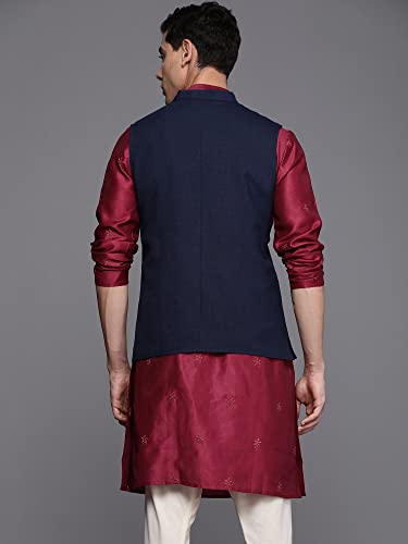 INDO ERA Men's Cotton Blend Solid Ethnic Nehru Jackets(MNJ1NB1119M_Navy Blue_M-Size)