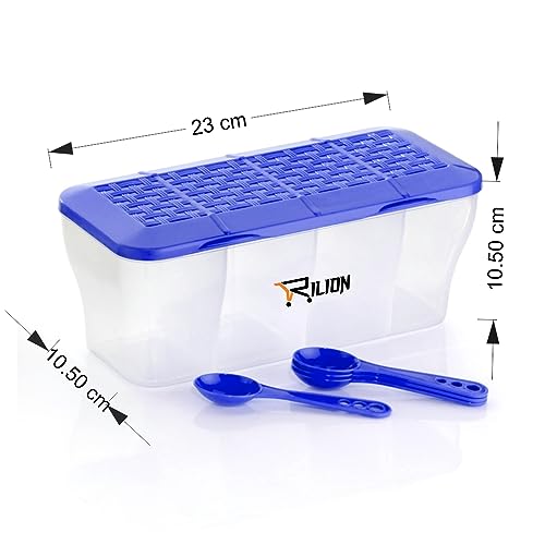 RILION Multipurpose Plastic 4 In 1 Masala Box for Kitchen, Transparent Pickel Box, 4 Compartment Storage Container Airtight For Cereal, Dry Fruits Dabba1800 Ml with 4 Spoons(Blue)