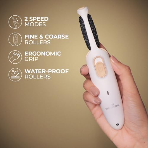 WINSTON Callus Remover for Feet | 1 Year Warranty | Foot Scrubber for Dead Skin, Rechargeable Pedicure Machine, Dead Skin Remover, Heel Scrubber for Feet, 2 Waterproof Roller Heads, 2 Modes - White