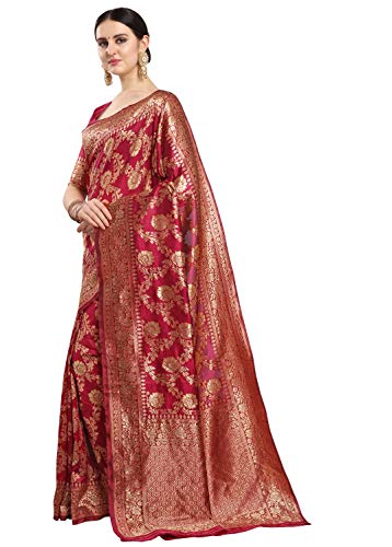 EthnicJunction Women's Banarasi Silk Blend Saree with Blouse Piece (EJ6008-1009-Banarasi-Bale-Cherry Maroon_Red, Maroon)
